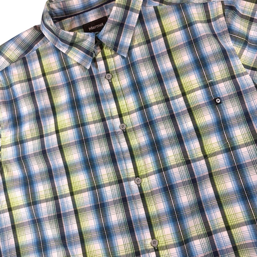 Marmot Eldridge Short Sleeve Shirt Mens XL Blue Green Plaid Button‎ Down Hiking